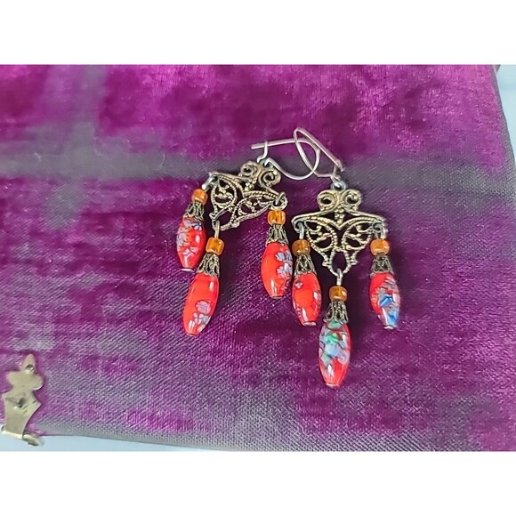 Glass Beaded Dangling Pierced Earrings Vintage - Picture 4 of 10